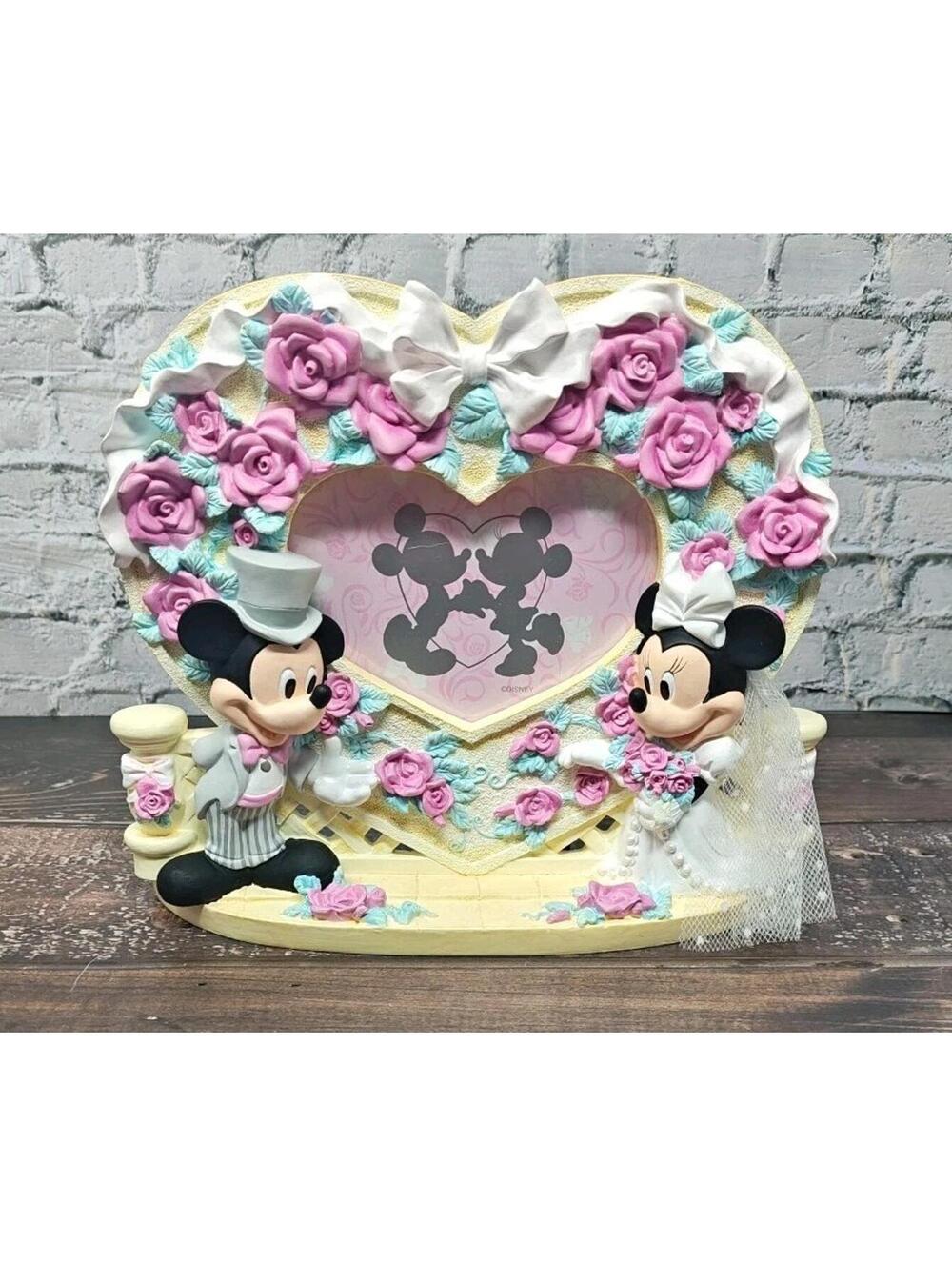 Disney Mickey Minnie Mouse Wedding Photo Frame Resin Roses Heart Bride Groom